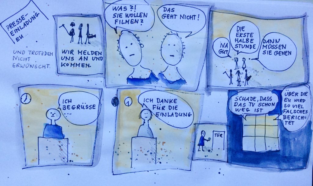 Comic über eine Organisation, die die Presse einlädt und sie dann möglichst schnell wegschickt. Und dann noch hinterherruft, warum sie so schnell gehen. 