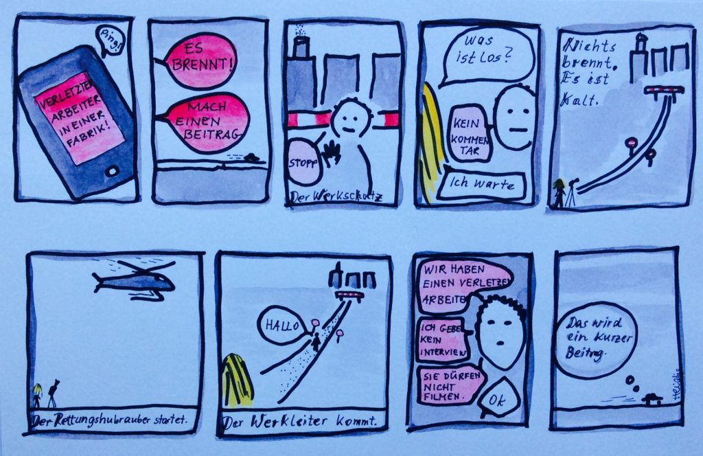 Comic: Erst große Aufregung, dann Ernüchterung. Reporterin wird zu einem Brand geschickt, aber es gab keinen Brand ud man darf auch nichts filmen. 